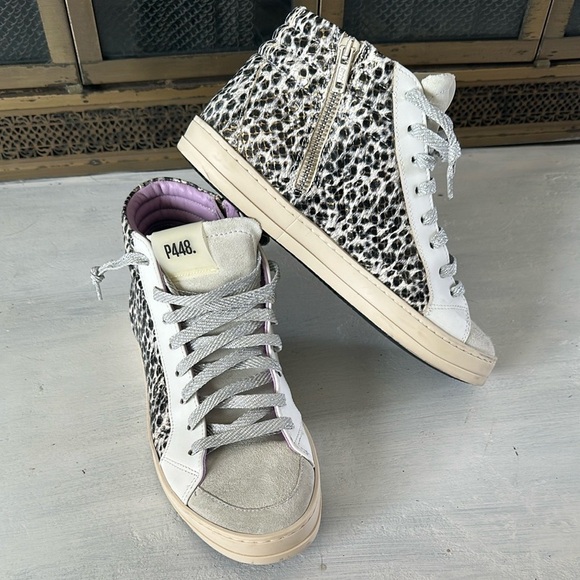 P448 Women’s Skate Glitter Lace-Up High Top Sneakers Size 38 Leather Shoe Italy - Picture 2 of 16